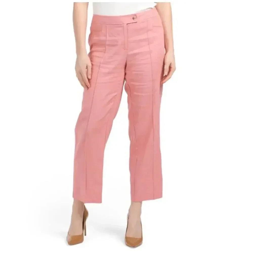 NWT Anne Klein Women’s Linen Blend Cropped High Rise Pants Pink Salt Size 14